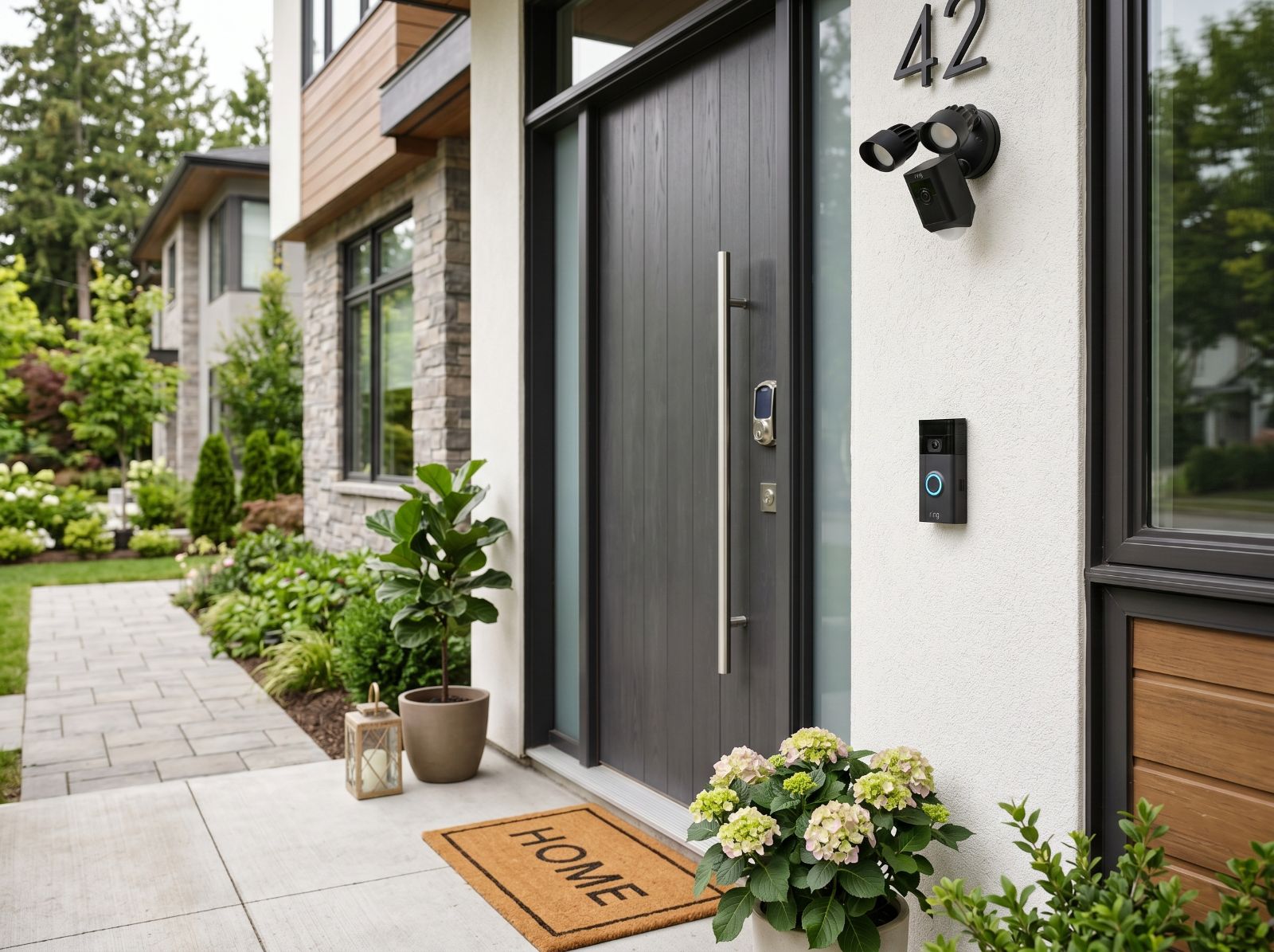 Modern home entrance with motion sensor light and video doorbell at address 42